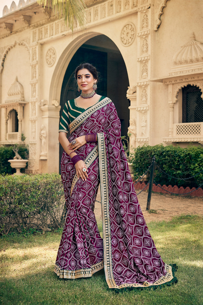 Timeless Purple Chiffon Saree with Bandhani Print, Work Border and Latest Designer Blouse