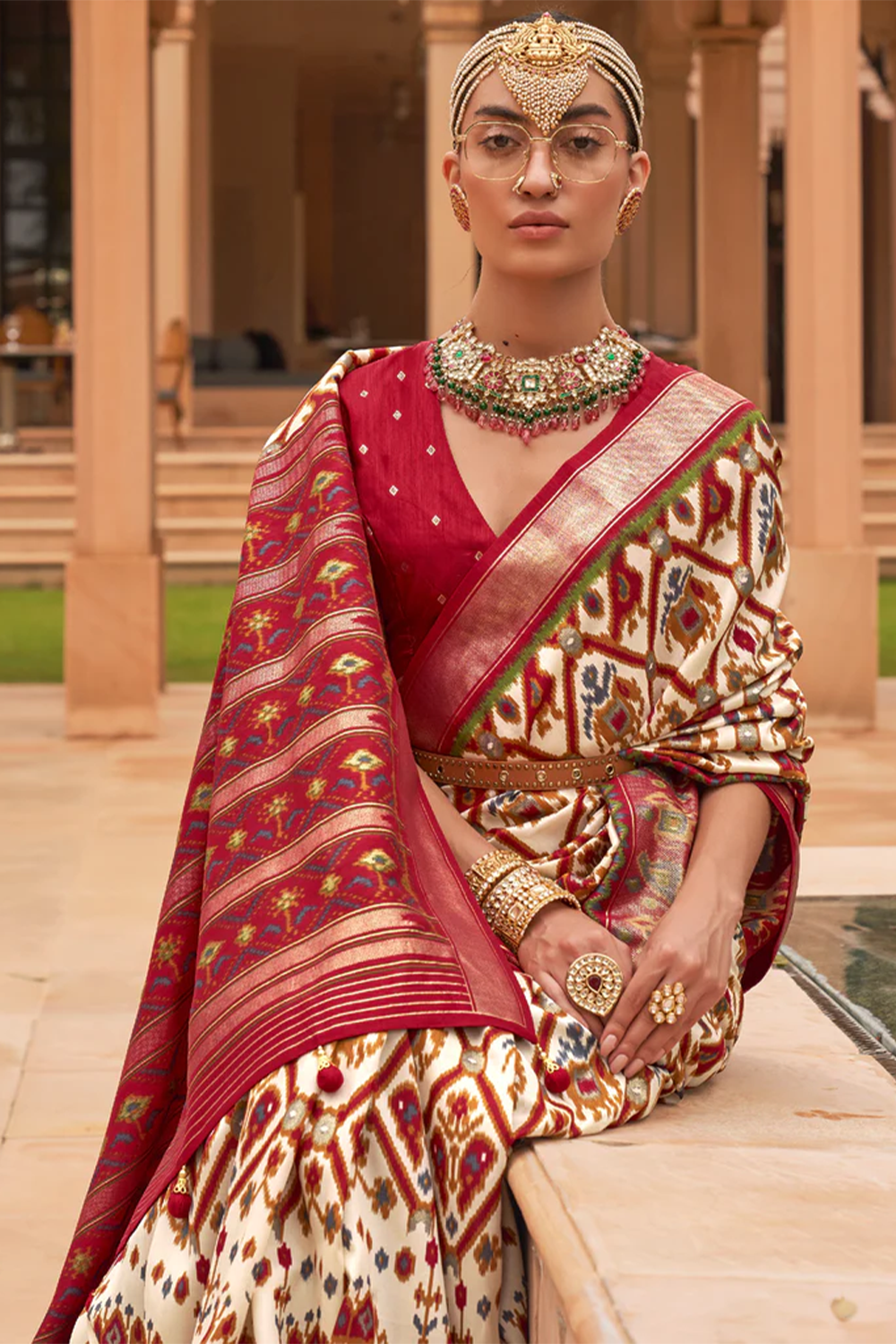 Ambikam Cream & Red Soft Patola Silk Saree with Blouse