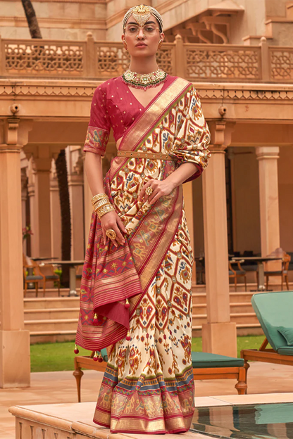 Ambikam Cream & Red Soft Patola Silk Saree with Blouse