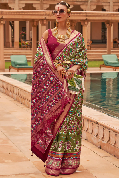 Ambikam Mehendi Green & Rani Patola Soft Silk Saree with Blouse