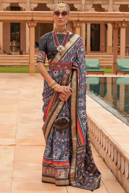 Ambikam Grey Soft Patola Silk Saree with Blouse