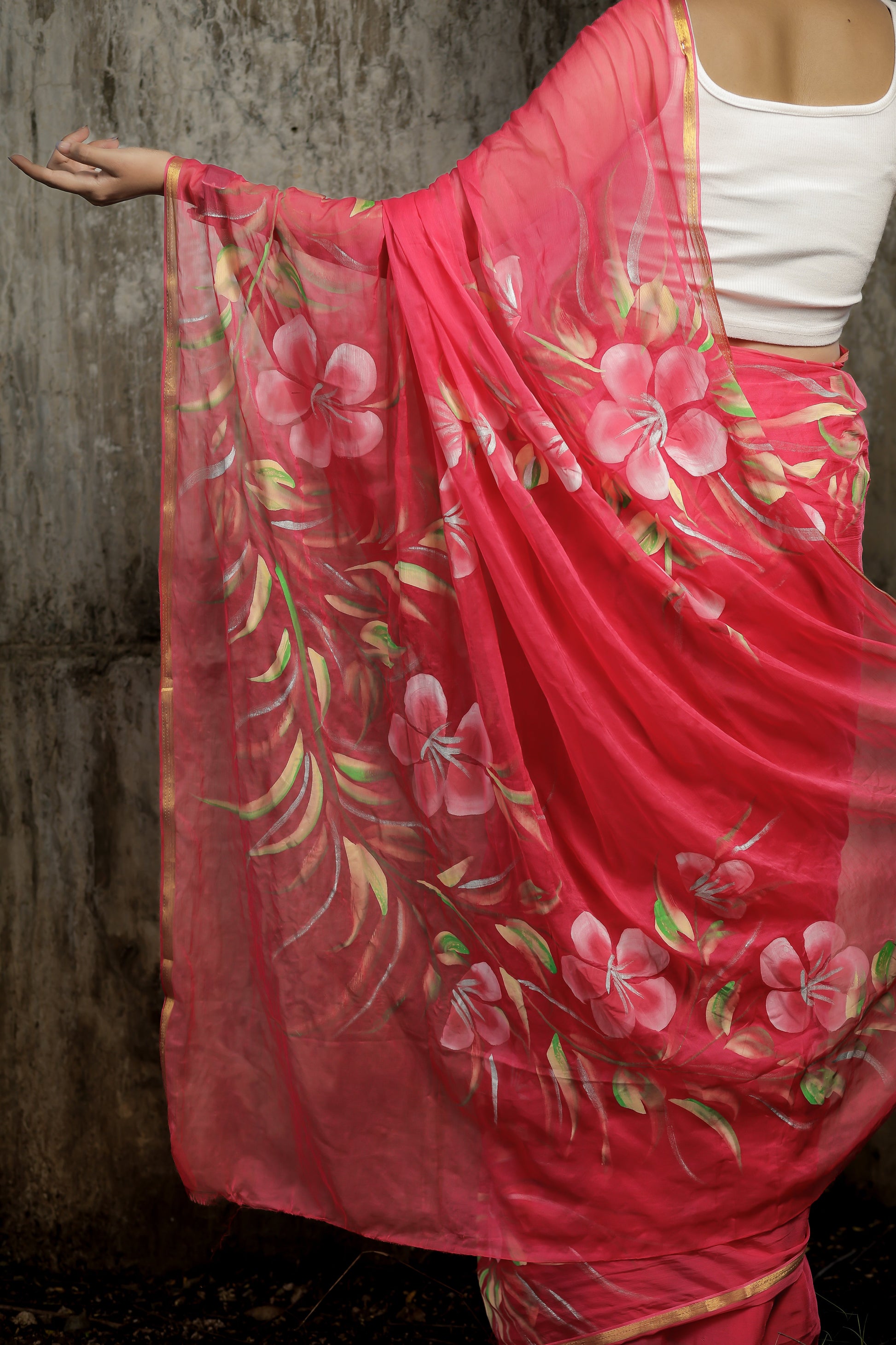 Elegant Floral Hand-Painted Chiffon Sarees for Modern Women