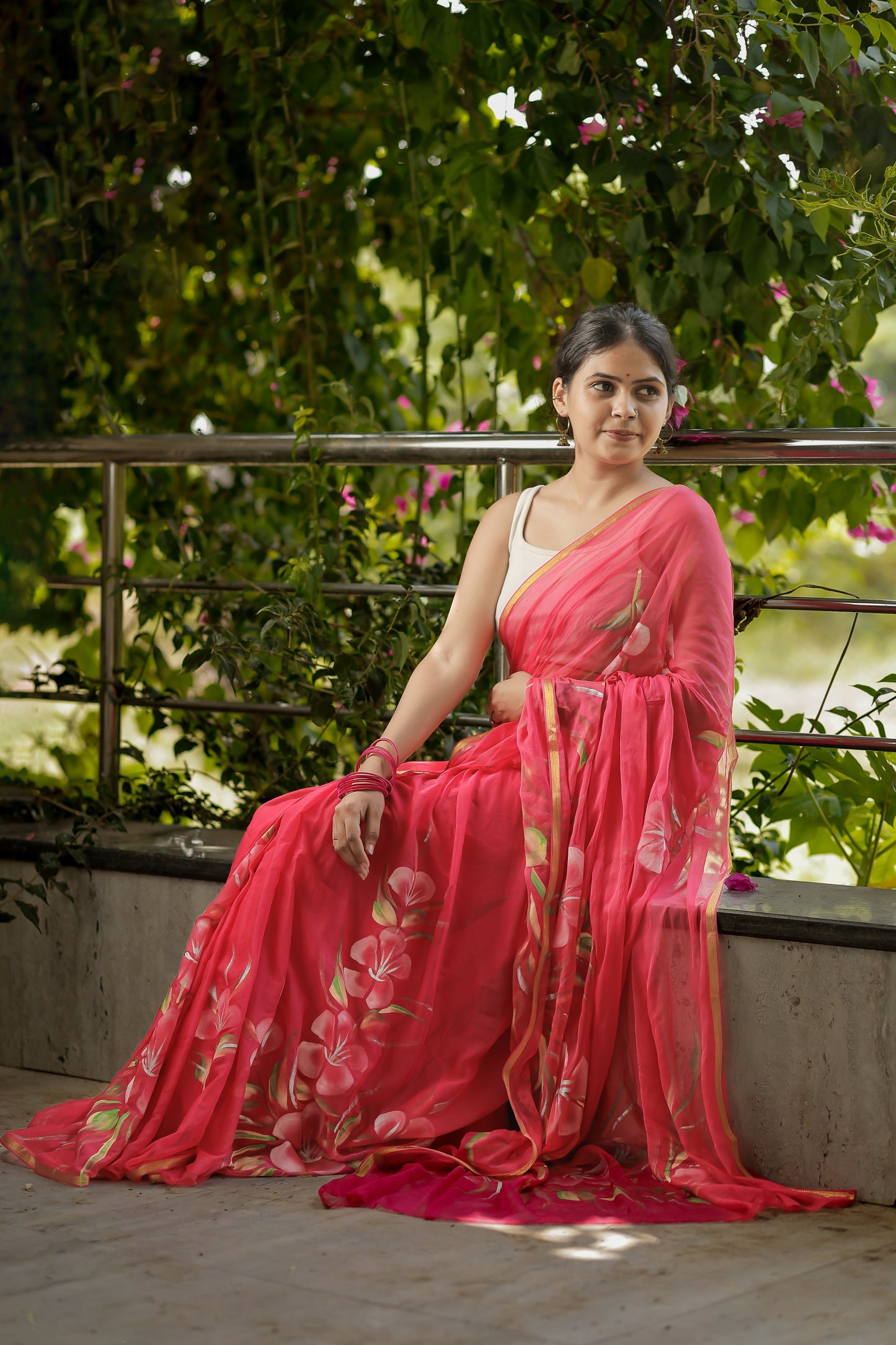 Latest Designer Chiffon Sarees – Hand-Painted Florals for Festive Wear