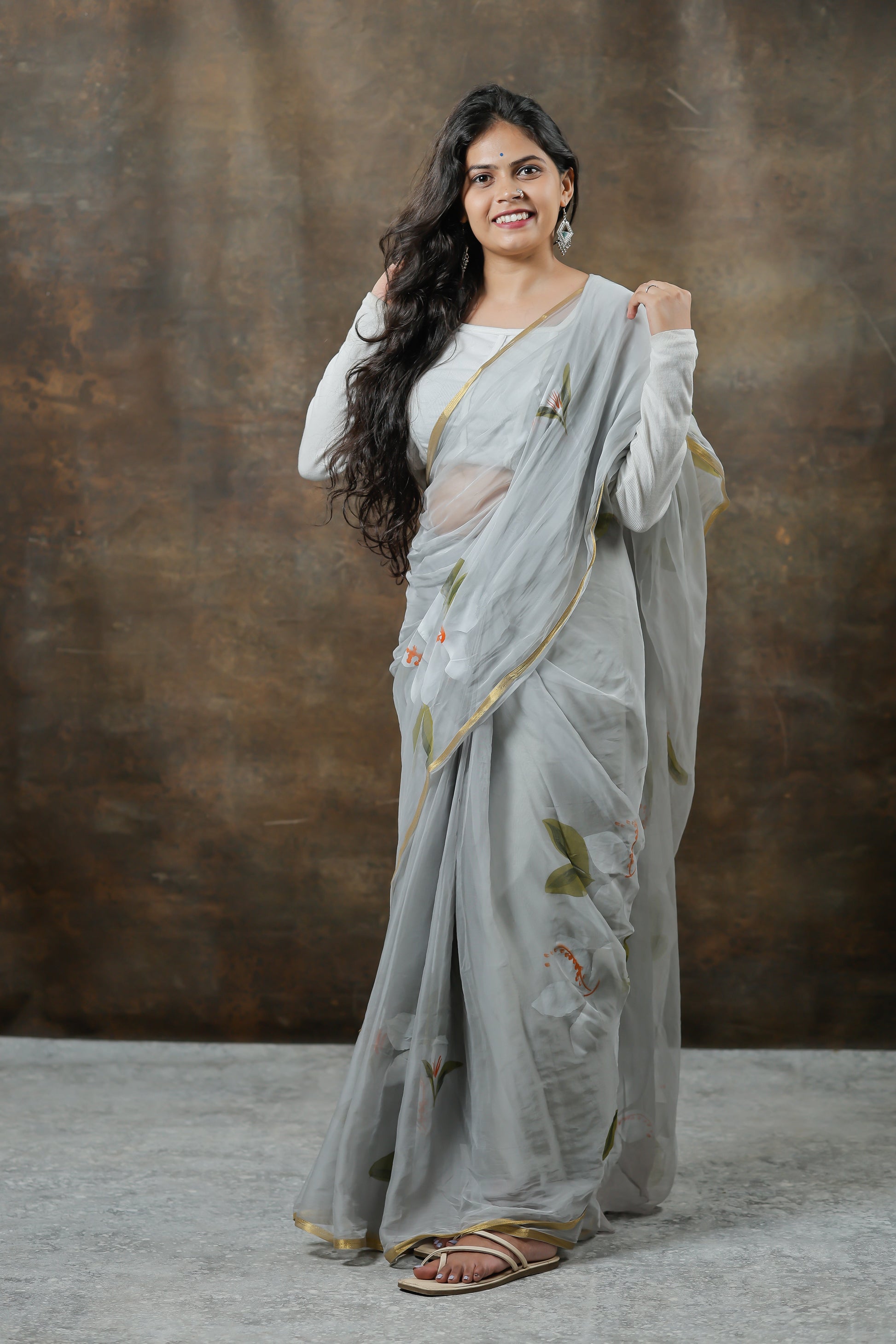 Latest Designer Chiffon Sarees – Hand-Painted Florals for Festive Wear