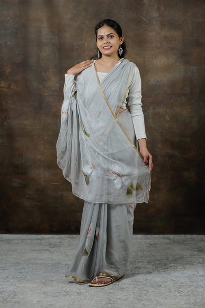 Elegant Floral Hand-Painted Chiffon Sarees for Modern Women