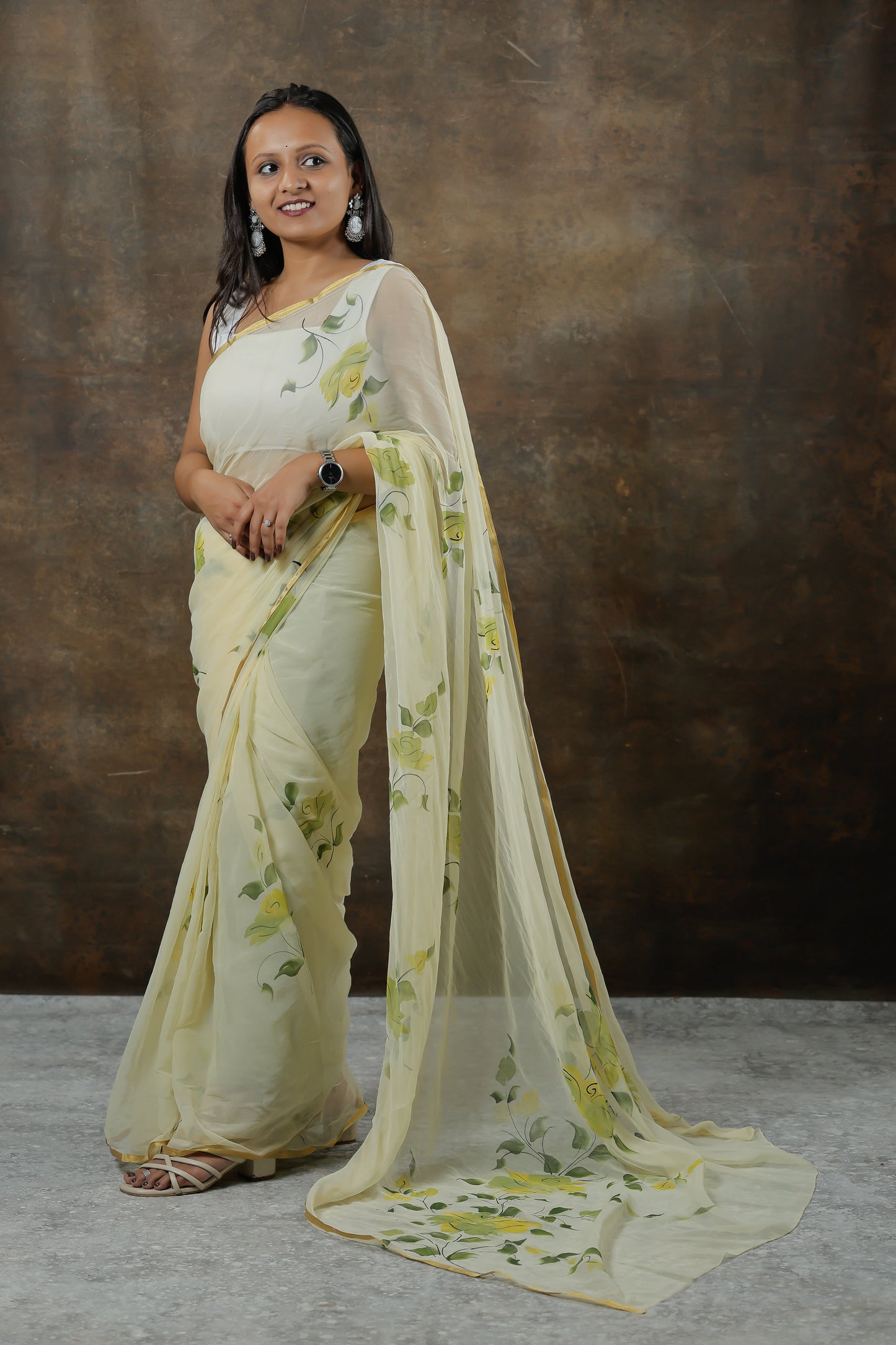 Soft Chiffon Sarees with Intricate Hand-Painted Floral Designs