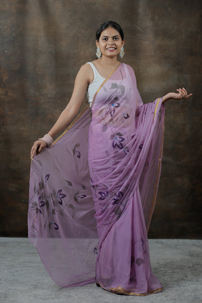 Elegant Floral Hand-Painted Chiffon Sarees for Modern Women