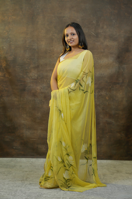 Soft Chiffon Sarees with Intricate Hand-Painted Floral Designs