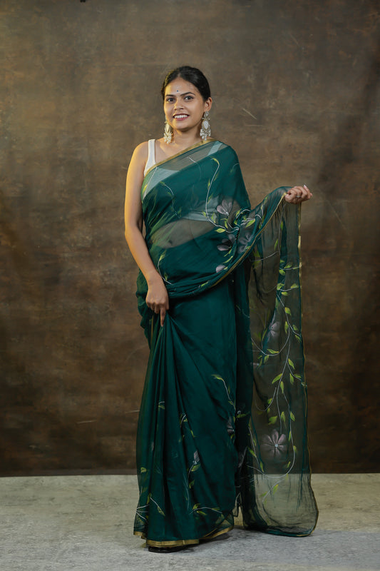 100% Pure Chiffon Sarees with Hand-Painted Floral Motifs for Women