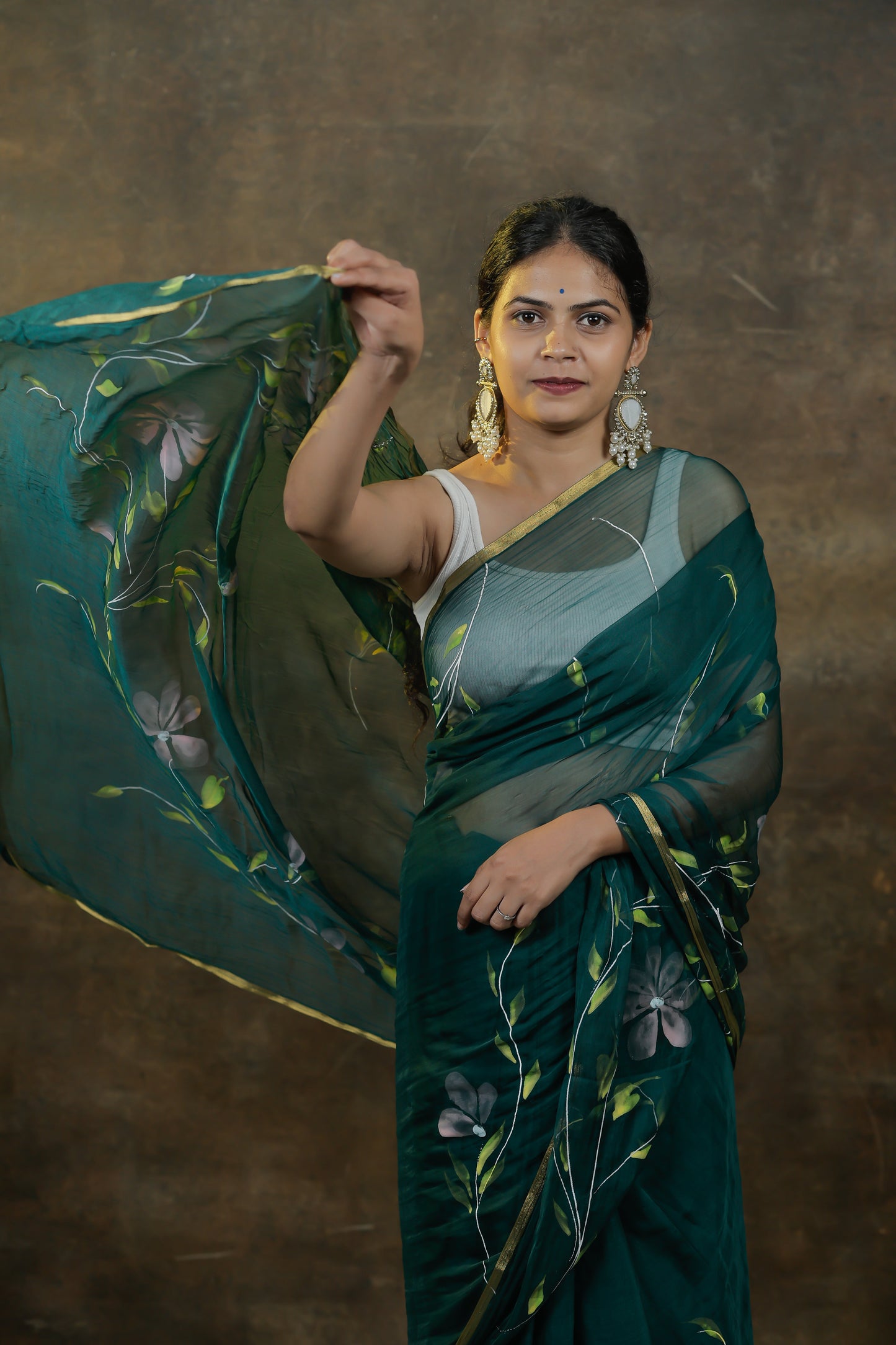 Latest Designer Chiffon Sarees – Hand-Painted Florals for Festive Wear