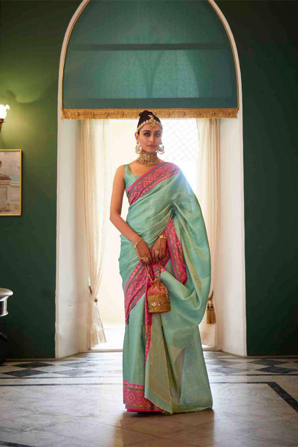 Ambikam Mint Blue Woven Kanjivaran Silk Saree with Blouse