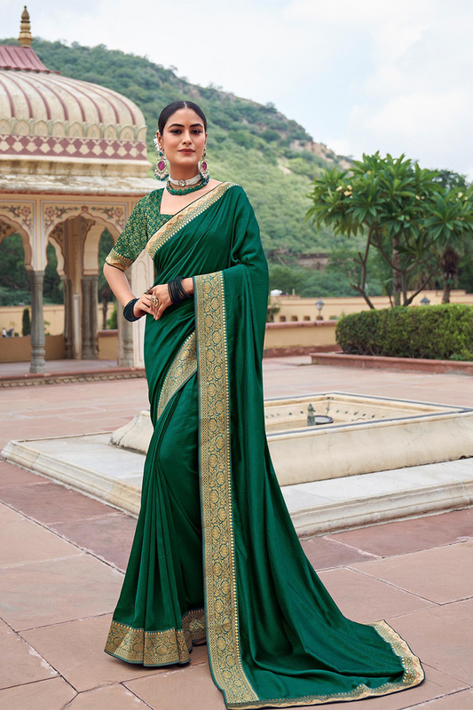 Solid Green Soft Silk Saree with Designer Blouse