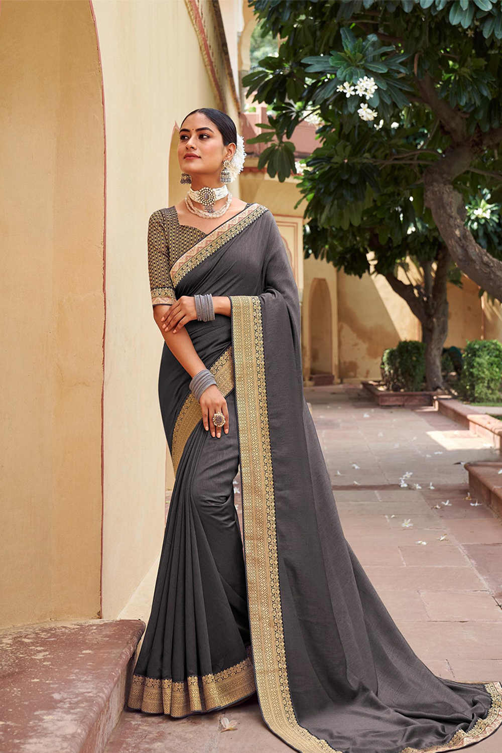 Beautiful Grey Soft Silk Saree with Designer Blouse