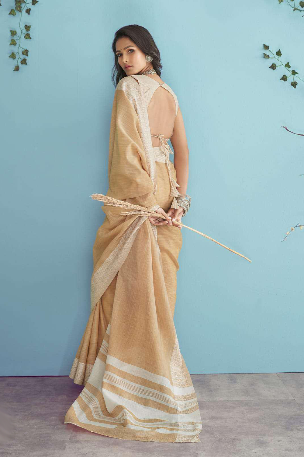 Ambikam Dusty Peach Soft Linen Saree with Blouse