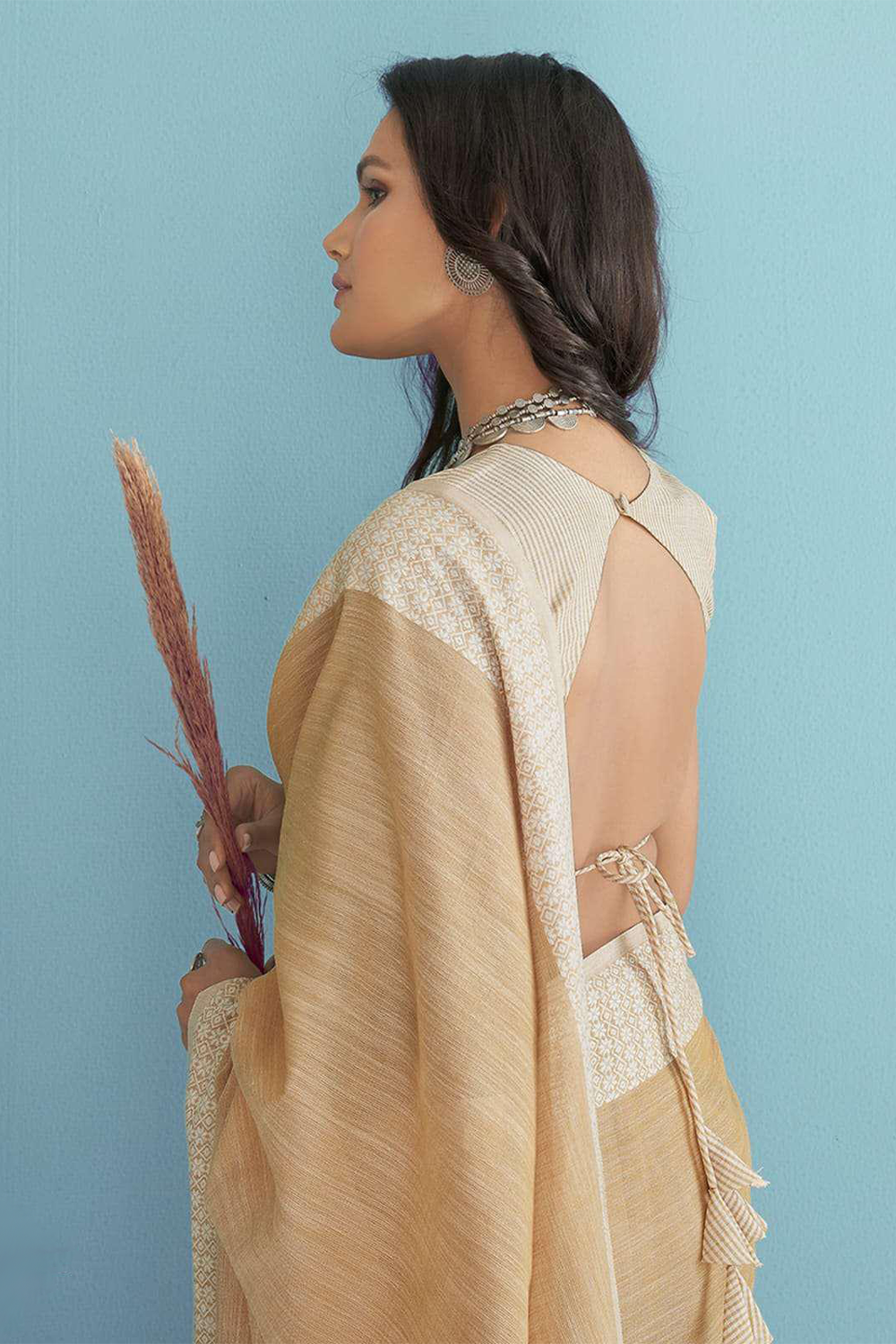 Ambikam Dusty Peach Soft Linen Saree with Blouse