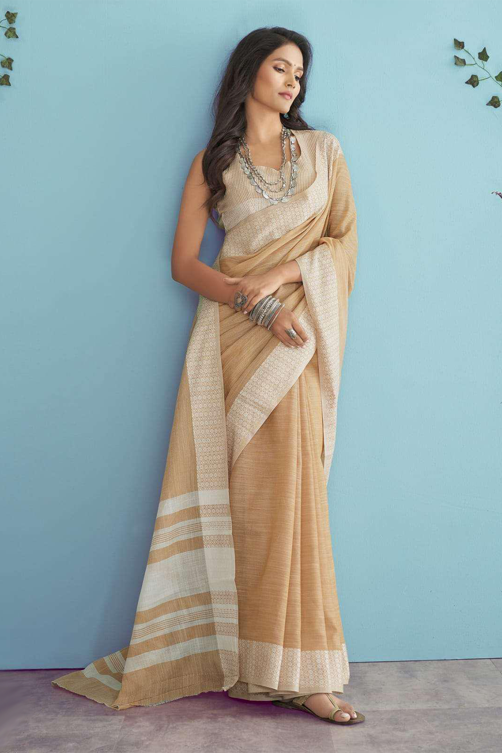 Ambikam Dusty Peach Soft Linen Saree with Blouse