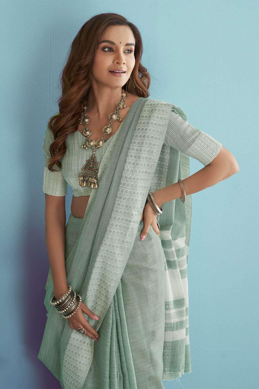 Ambikam Mint Green Soft Linen Saree with Blouse