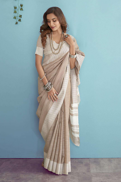 Ambikam Wood Brown Soft Linen Saree with Blouse