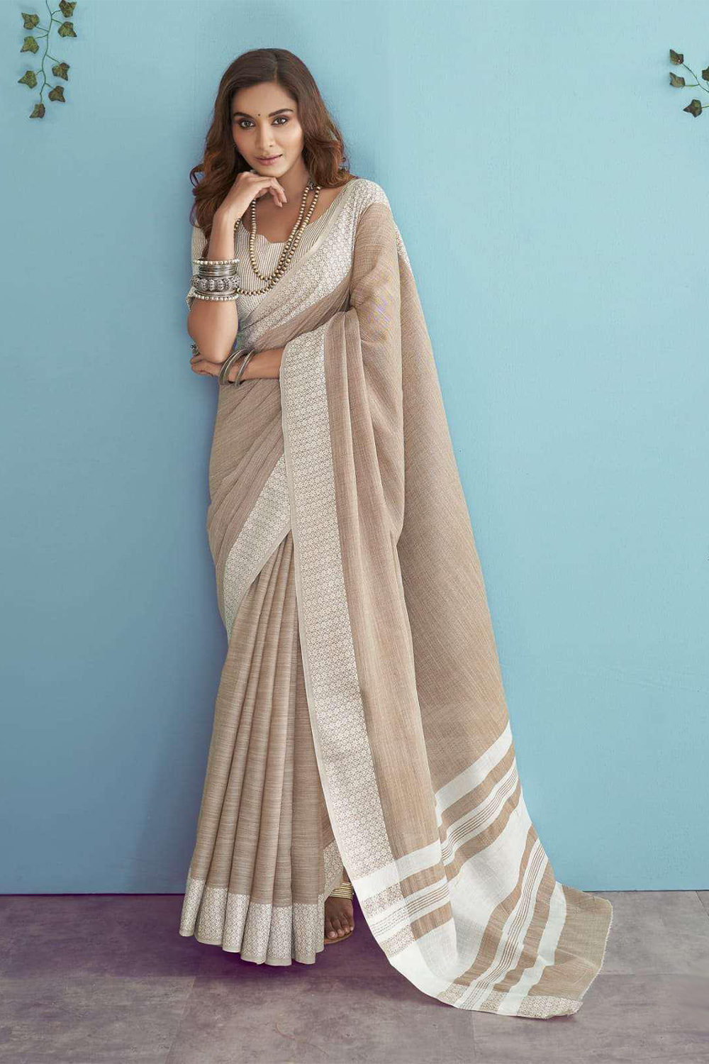 Ambikam Wood Brown Soft Linen Saree with Blouse