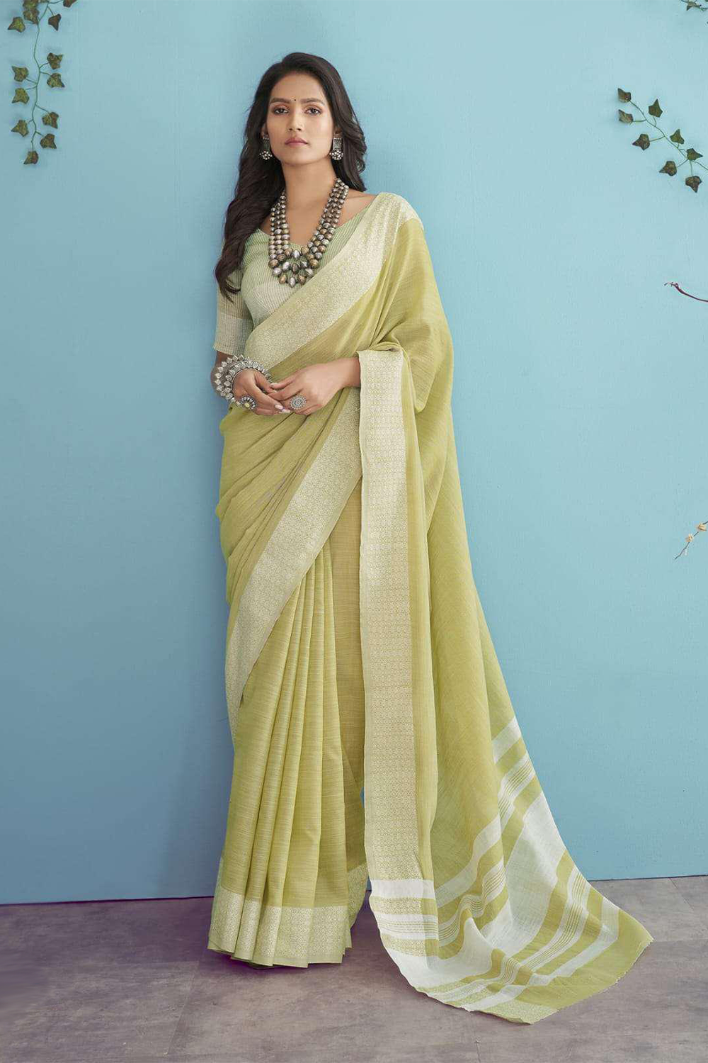 Ambikam Sheen Green Soft Linen Saree with Blouse