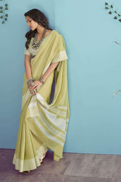 Ambikam Sheen Green Soft Linen Saree with Blouse