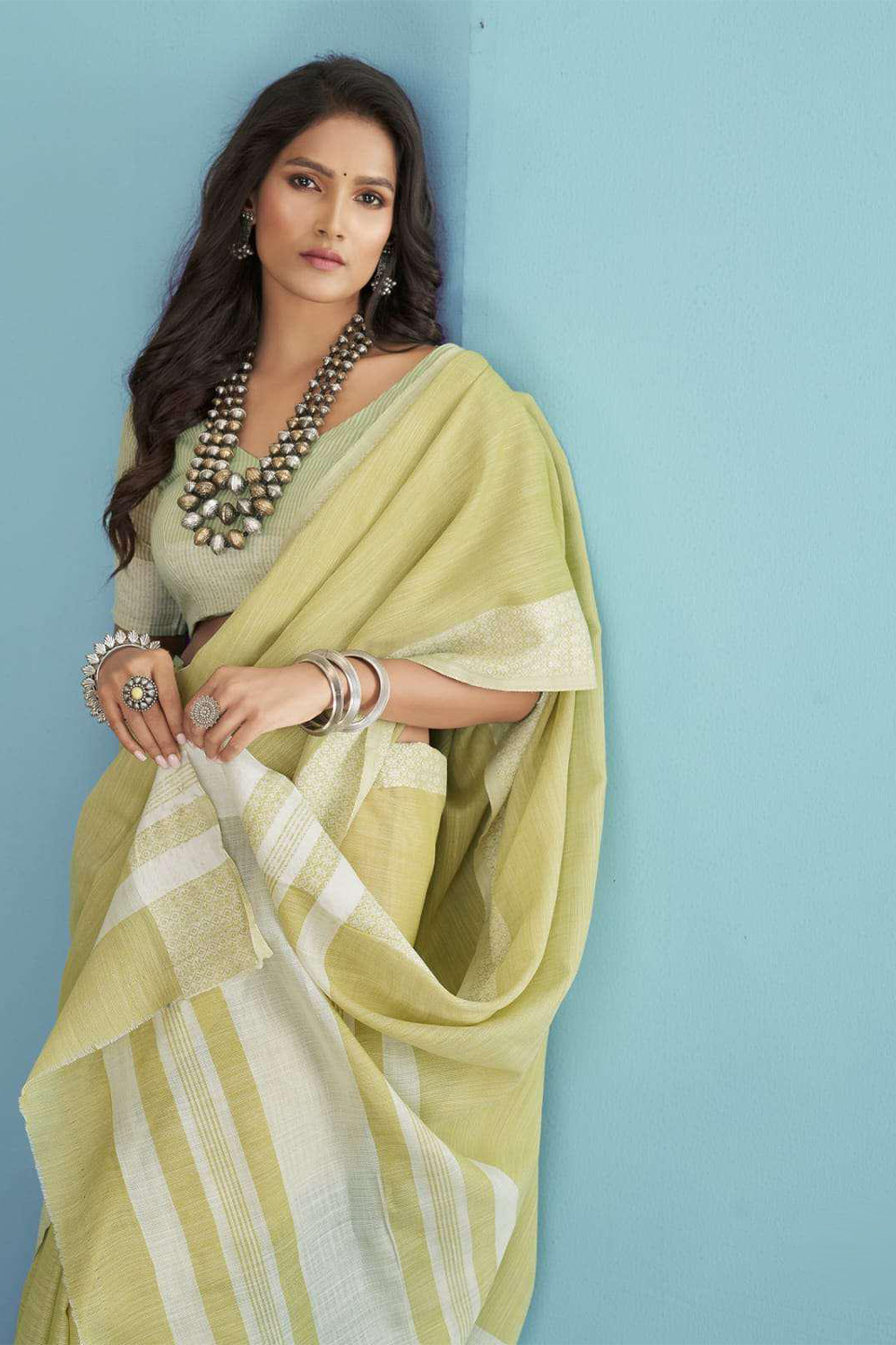 Ambikam Sheen Green Soft Linen Saree with Blouse