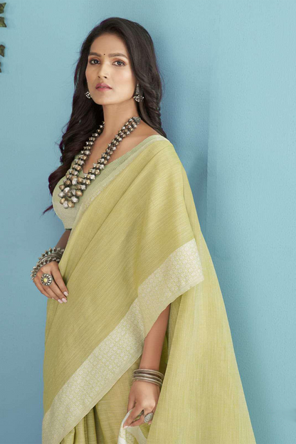 Ambikam Sheen Green Soft Linen Saree with Blouse