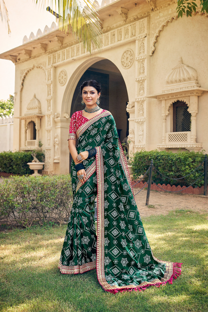 Vibrant Dark Green Chiffon Saree with Bandhani Print, Work Border and Latest Designer Blouse