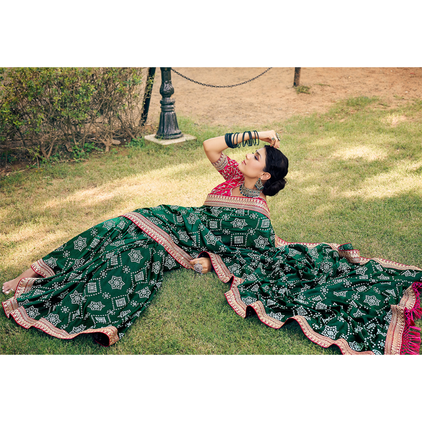 Vibrant Dark Green Chiffon Saree with Bandhani Print, Work Border and Latest Designer Blouse