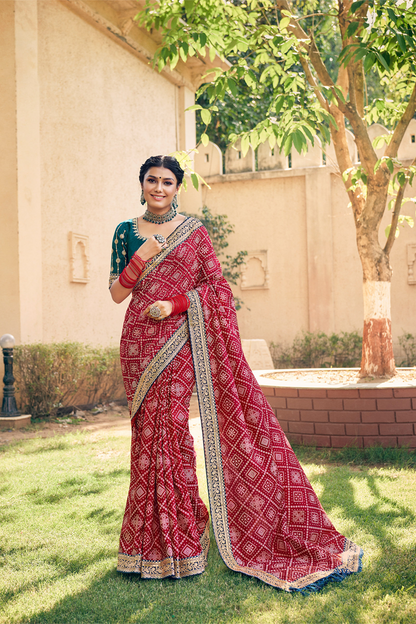 Graceful Maroon Chiffon Saree with Bandhani Print, Work Border and Latest Designer Blouse