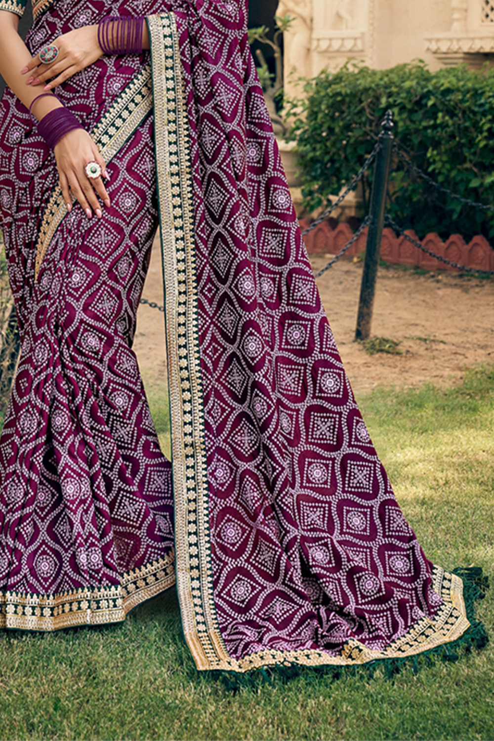 Timeless Purple Chiffon Saree with Bandhani Print, Work Border and Latest Designer Blouse