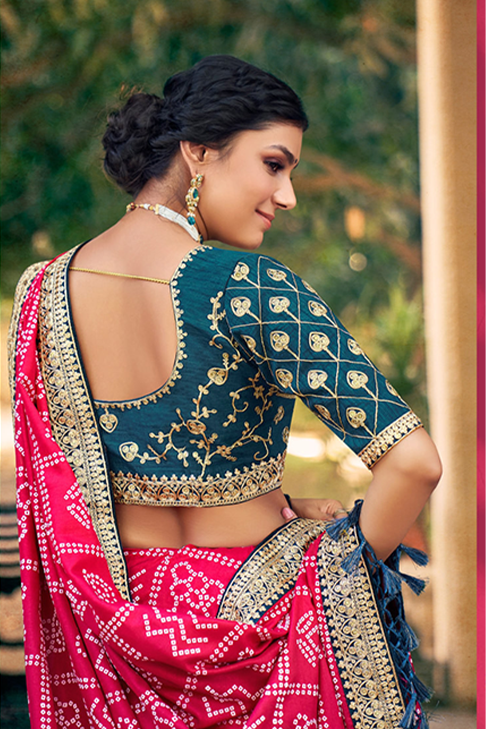 Strong Red Chiffon Saree with Bandhani Print, Work Border, Designer Blouse