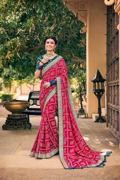 Strong Red Chiffon Saree with Bandhani Print, Work Border, Designer Blouse