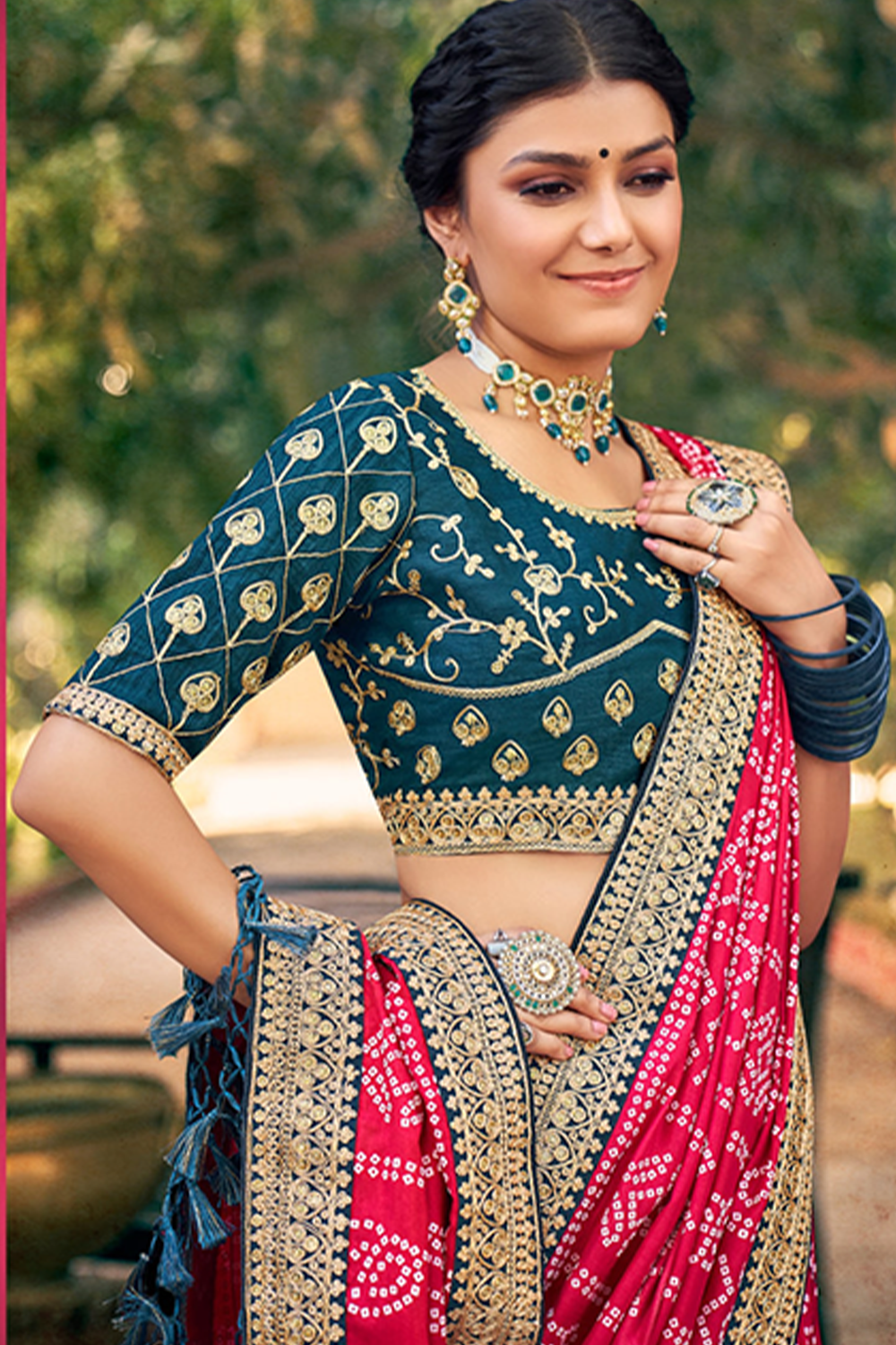 Strong Red Chiffon Saree with Bandhani Print, Work Border, Designer Blouse