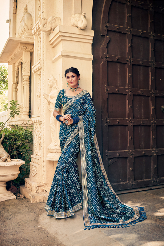 Vibrant Teal Blue Chiffon Saree with Bandhani Print, Work Border and Latest Designer Blouse