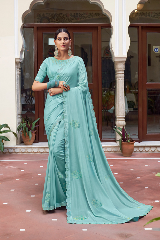 Bright Mint Blue Chiffon Saree with Blouse