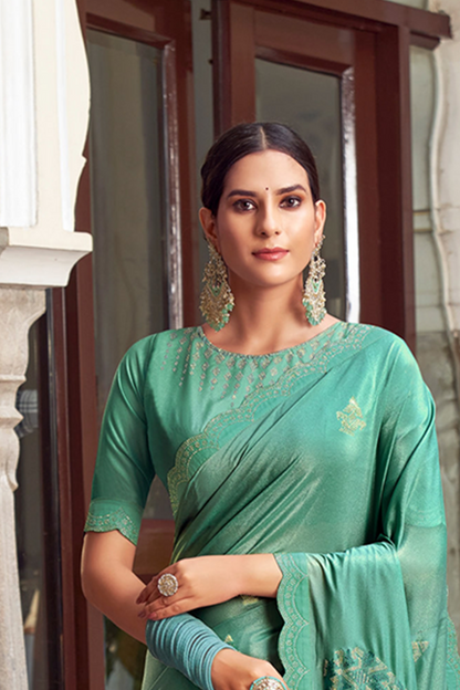 Strong Sea Green Chiffon Saree with Blouse