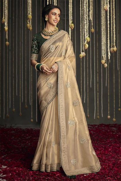 Beige Designer Silk Saree with latest Designer Blouse