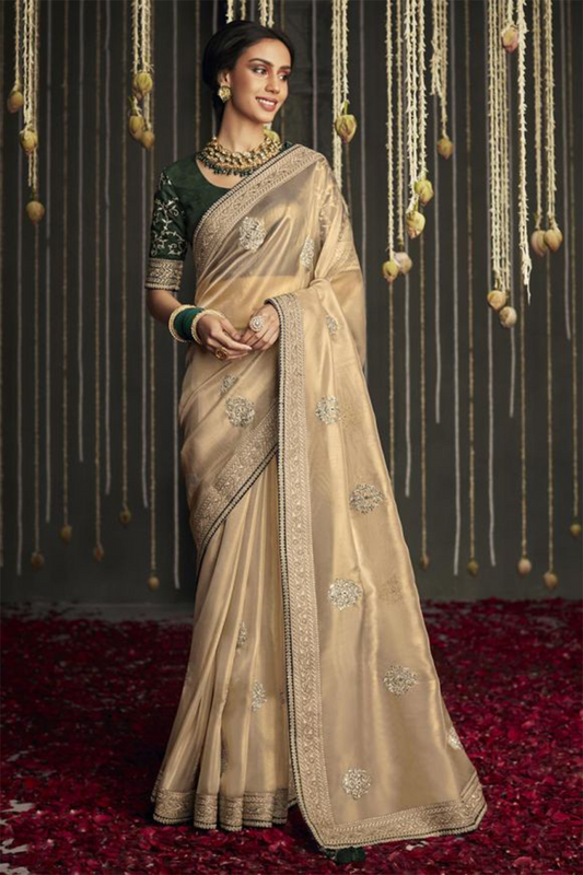 Beige Designer Silk Saree with latest Designer Blouse