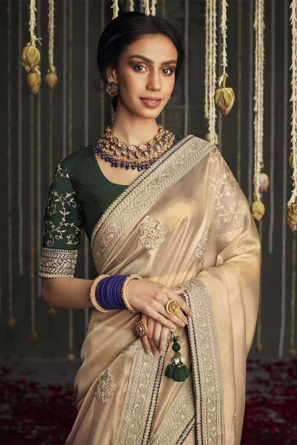 Beige Designer Silk Saree with latest Designer Blouse