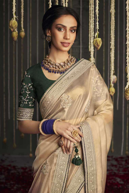 Beige Designer Silk Saree with latest Designer Blouse