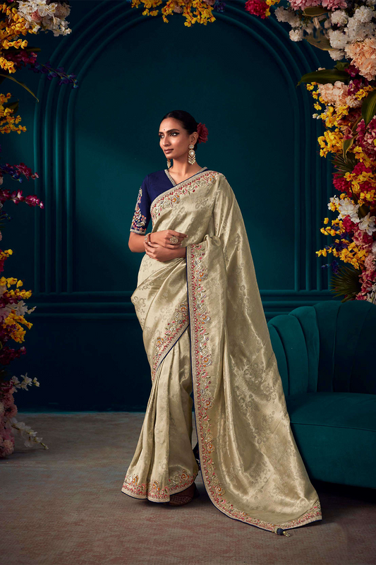 Beige Designer Silk Saree with latest Designer Blouse