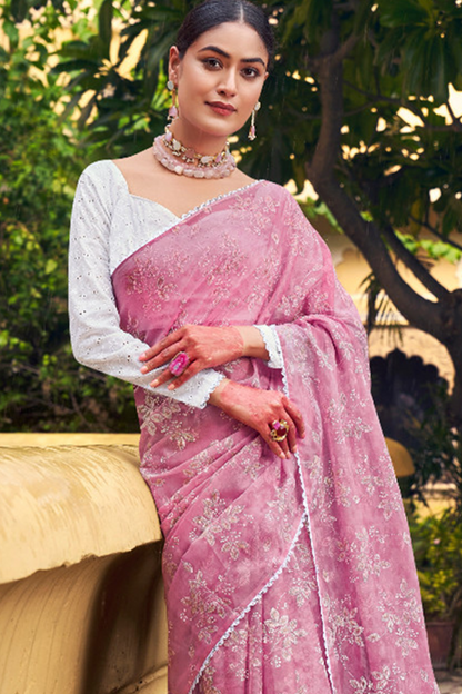 Pink Printed Georgette Saree