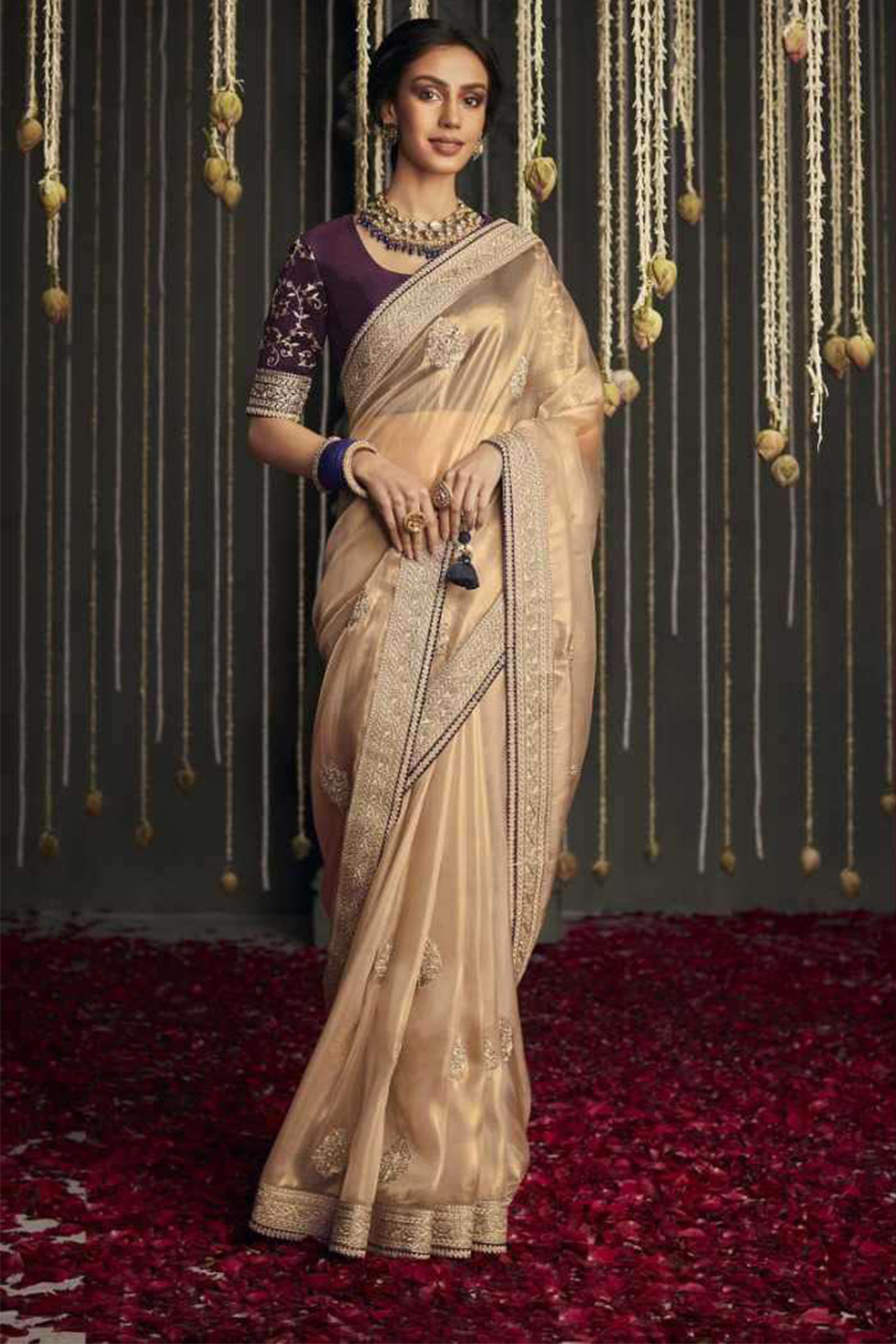 Dark Beige Designer Silk Saree with latest Designer Blouse