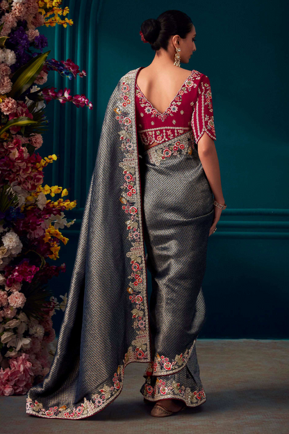 Grey Designer Silk Saree with Latest Designer Blouse