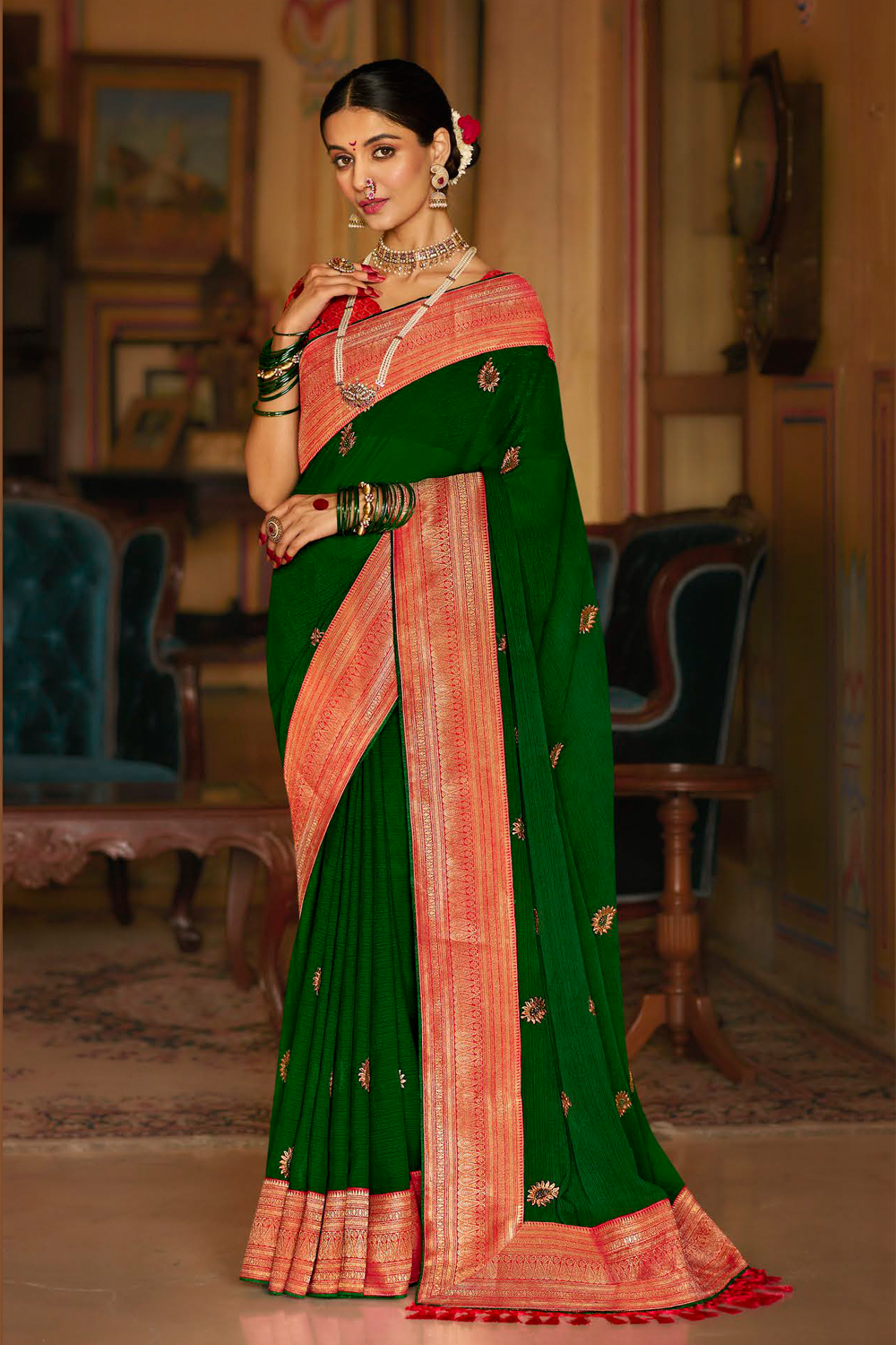 Dark Green Georgette Saree with Designer Border