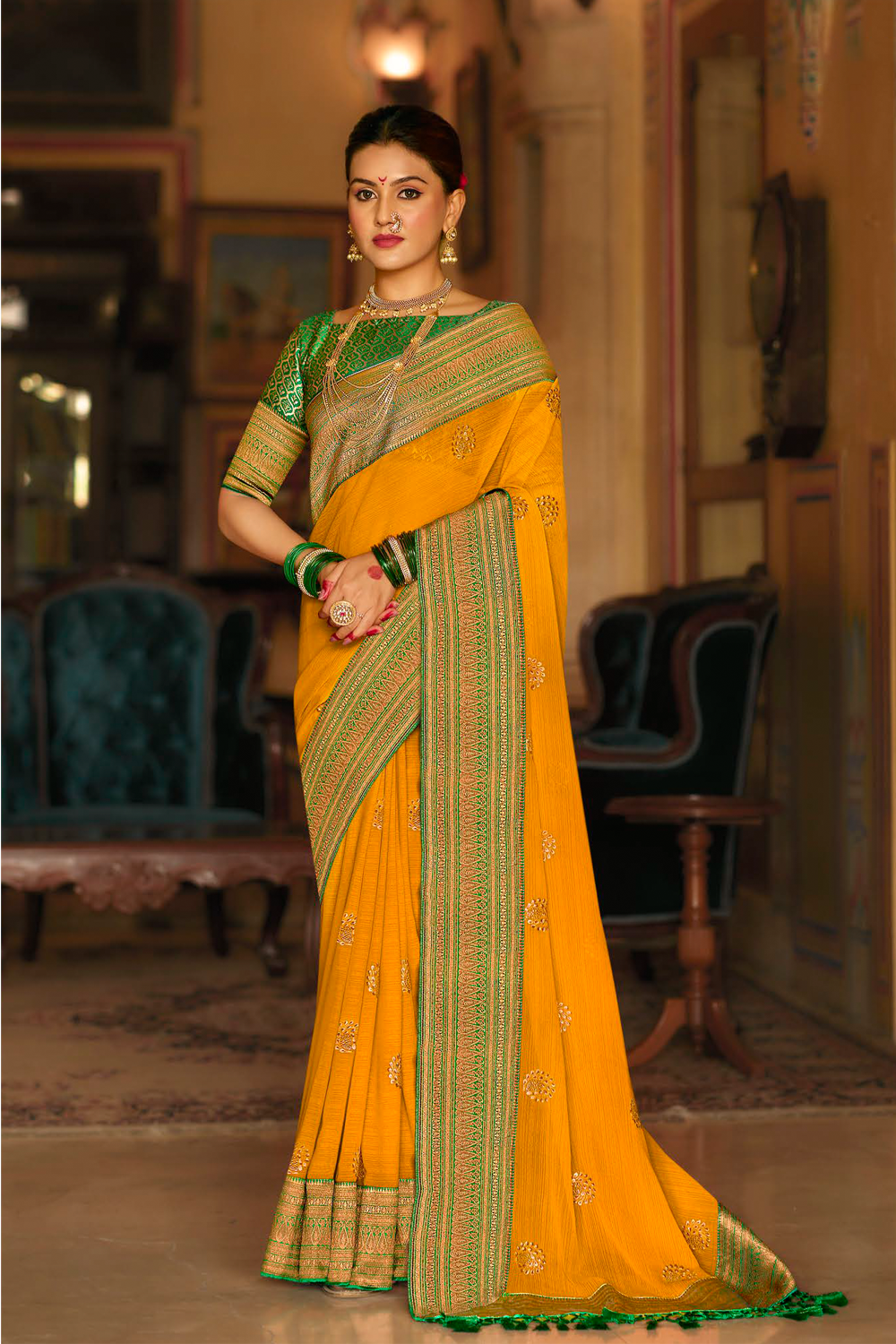 Bright Trumeric Yellow Georgette Saree with Designer Border