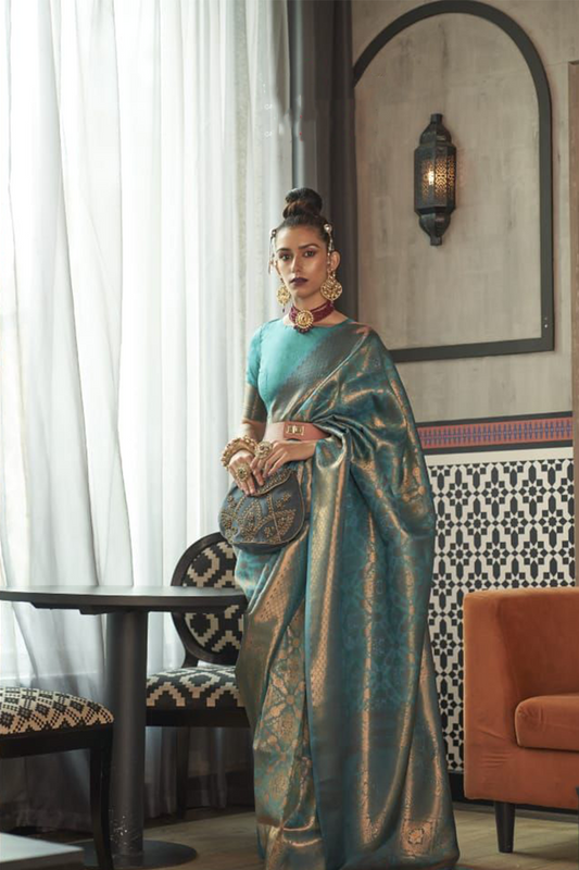 Ambikam Teal Blue Two Toned kanjivaram Saree with Blouse