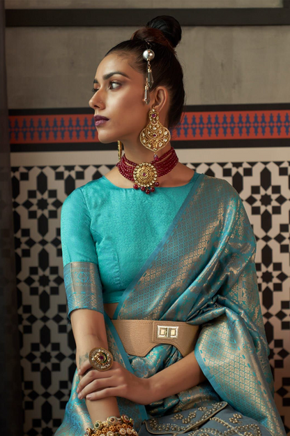 Ambikam Teal Blue Two Toned kanjivaram Saree with Blouse