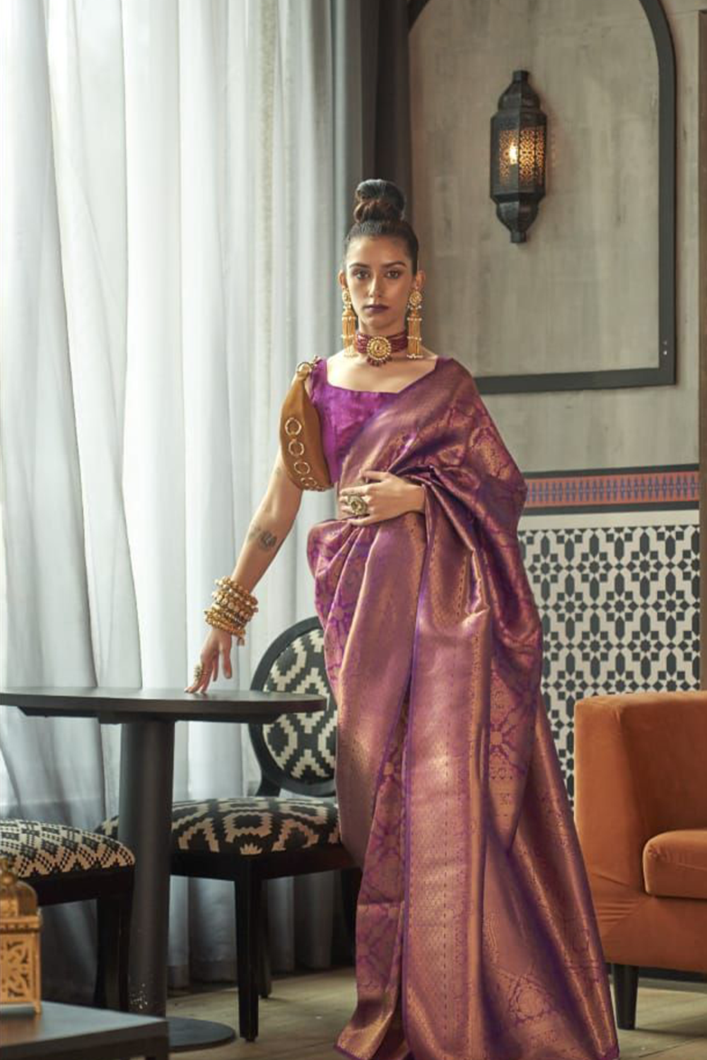 Ambikam Wine Purple Two Toned kanjivaram Saree with Blouse